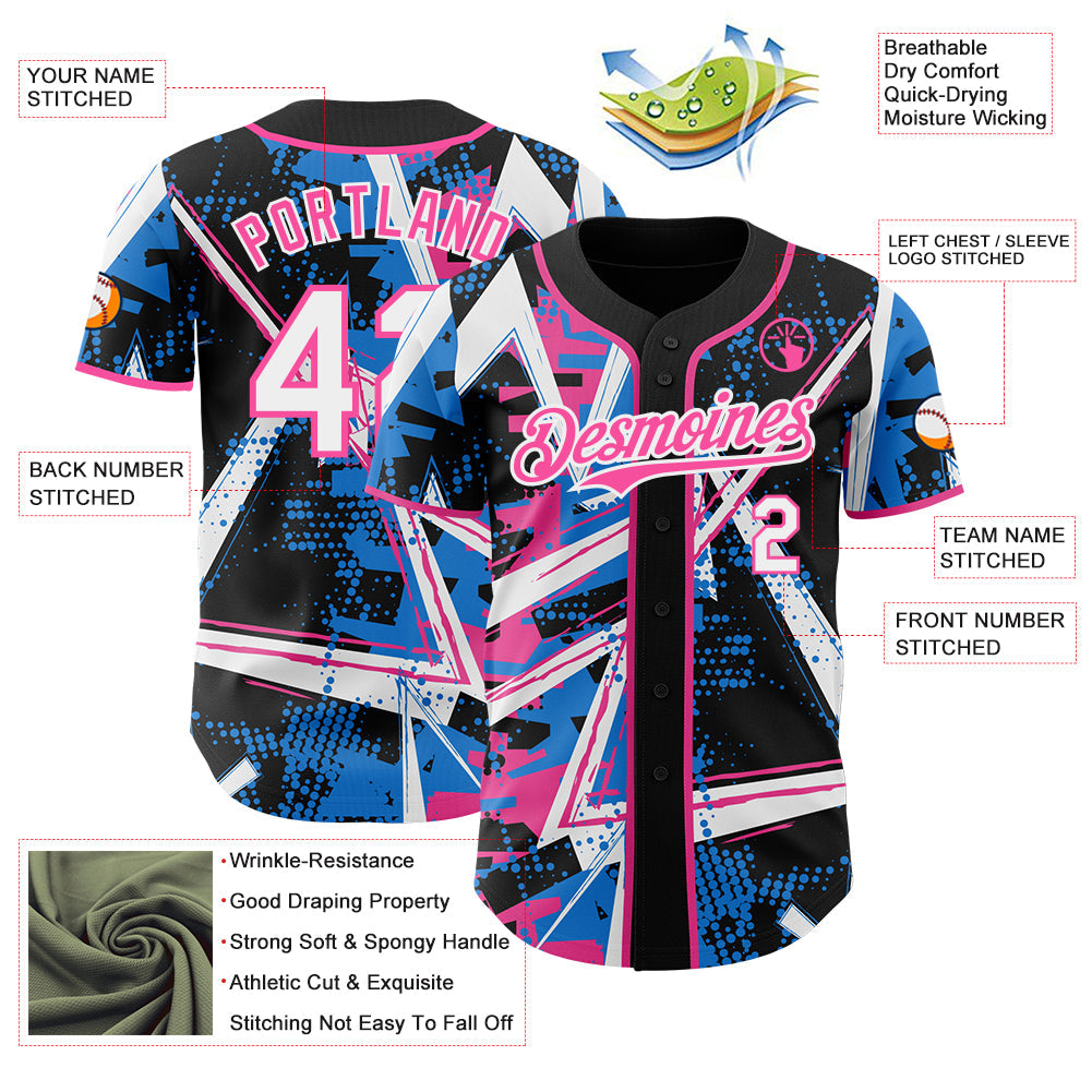 Custom Black White Electric Blue-Pink Geometric Shards Dot Grid Authentic Baseball Jersey view 3