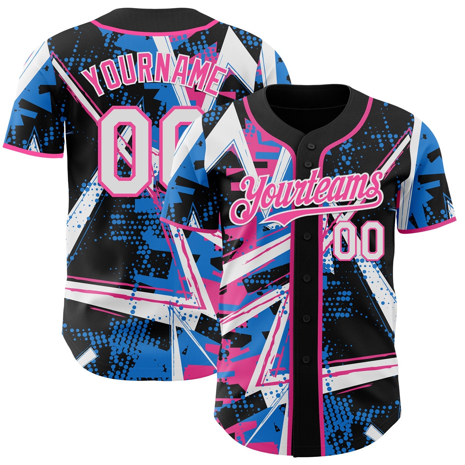 Custom Black White Electric Blue-Pink Geometric Shards Dot Grid Authentic Baseball Jersey - Main View