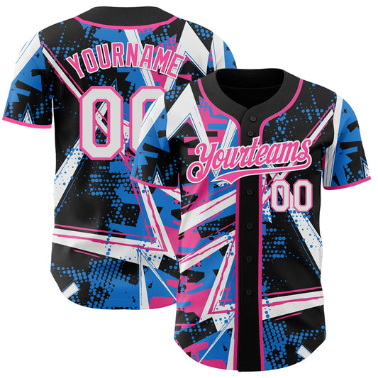 Custom Black White Electric Blue-Pink Geometric Shards Dot Grid Authentic Baseball Jersey - Main View