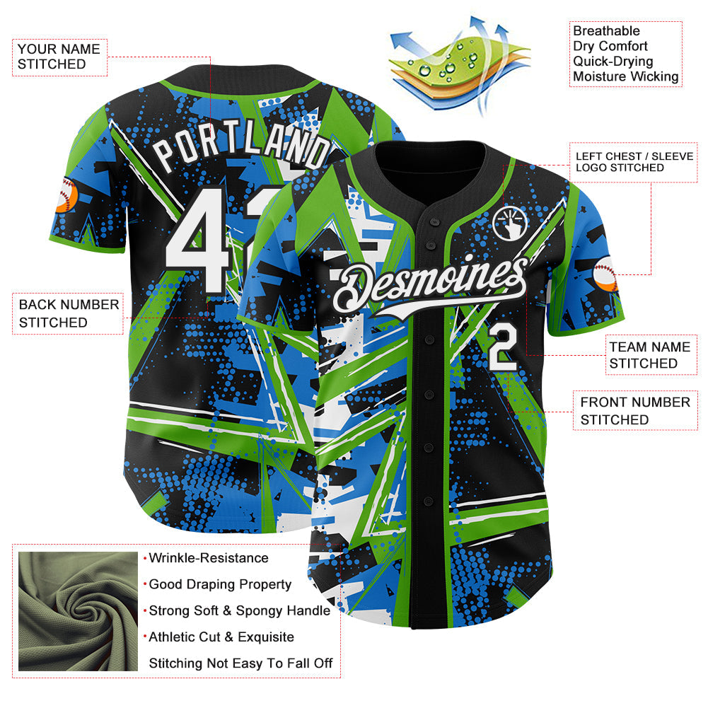 Custom Black White-Aurora Green Geometric Shards Dot Grid Authentic Baseball Jersey view 3