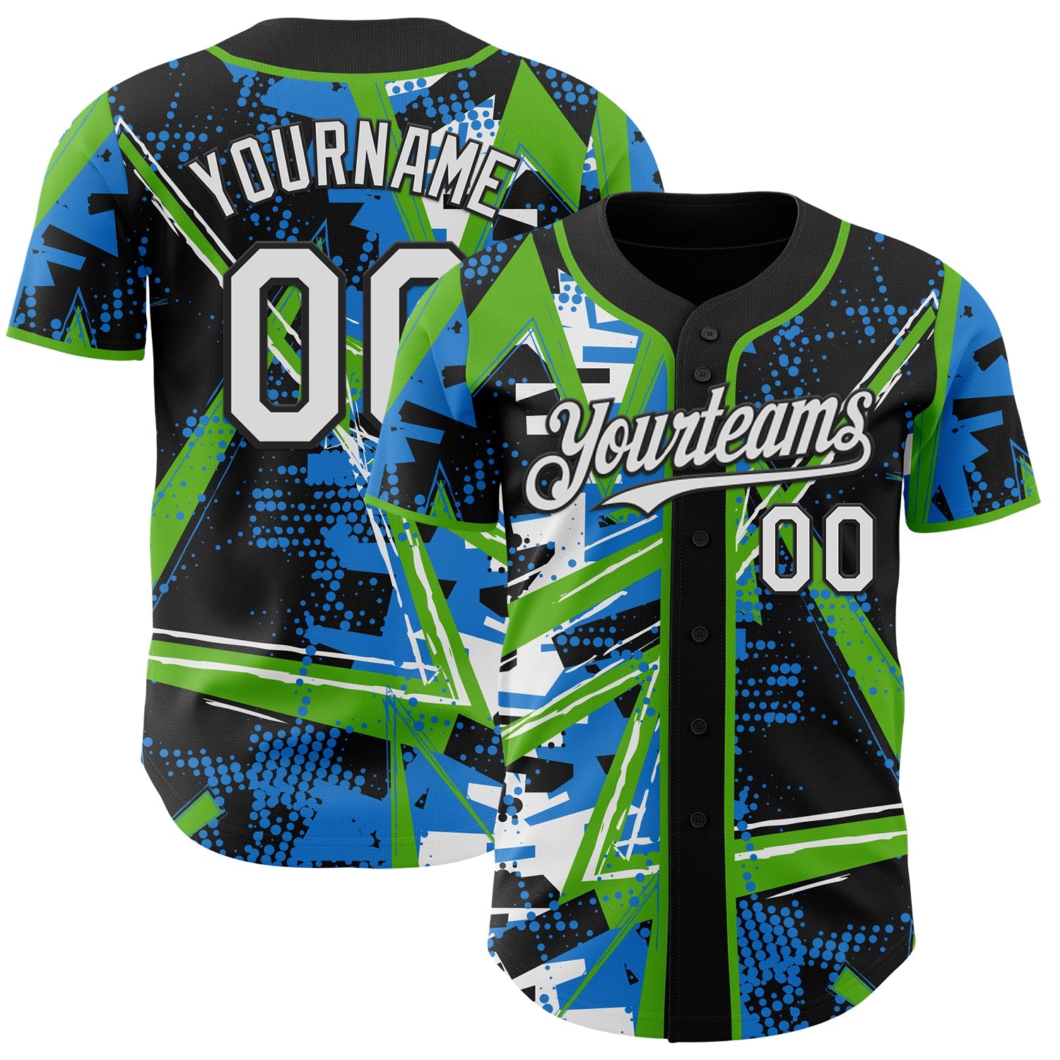 Custom Black White-Aurora Green Geometric Shards Dot Grid Authentic Baseball Jersey - Main View