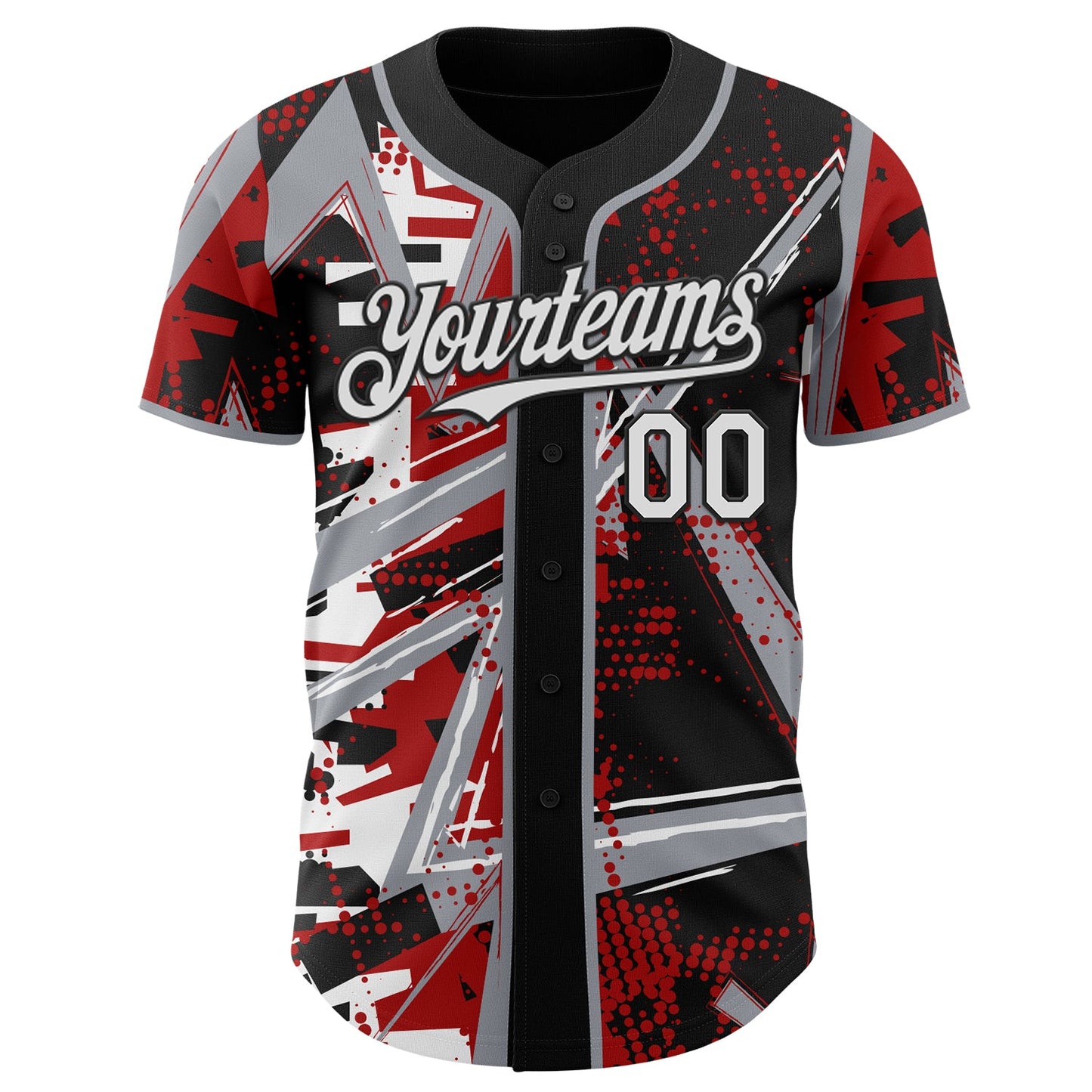 Custom Black White Red-Gray Geometric Shards Dot Grid Authentic Baseball Jersey view 2