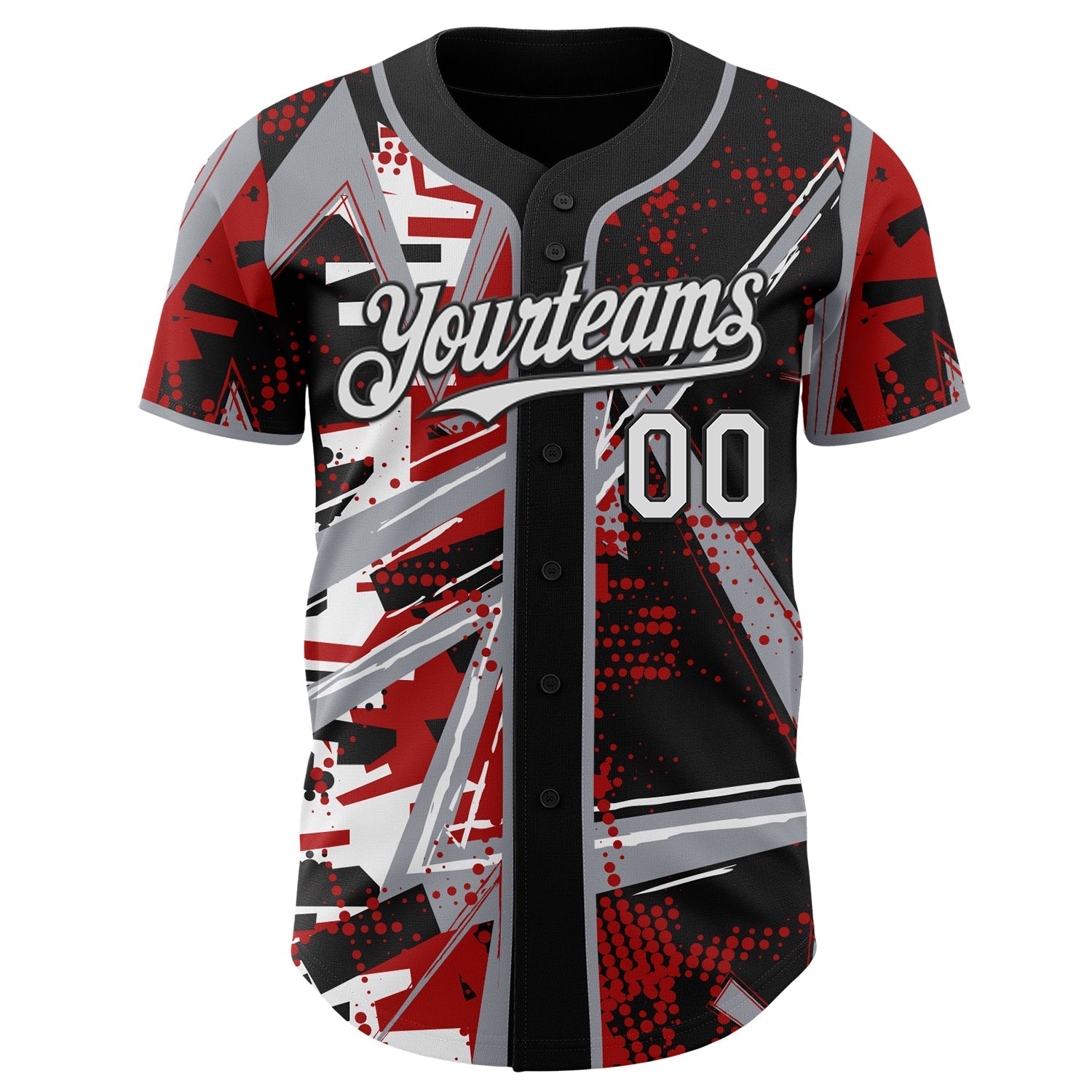 Custom Black White Red-Gray Geometric Shards Dot Grid Authentic Baseball Jersey view 2