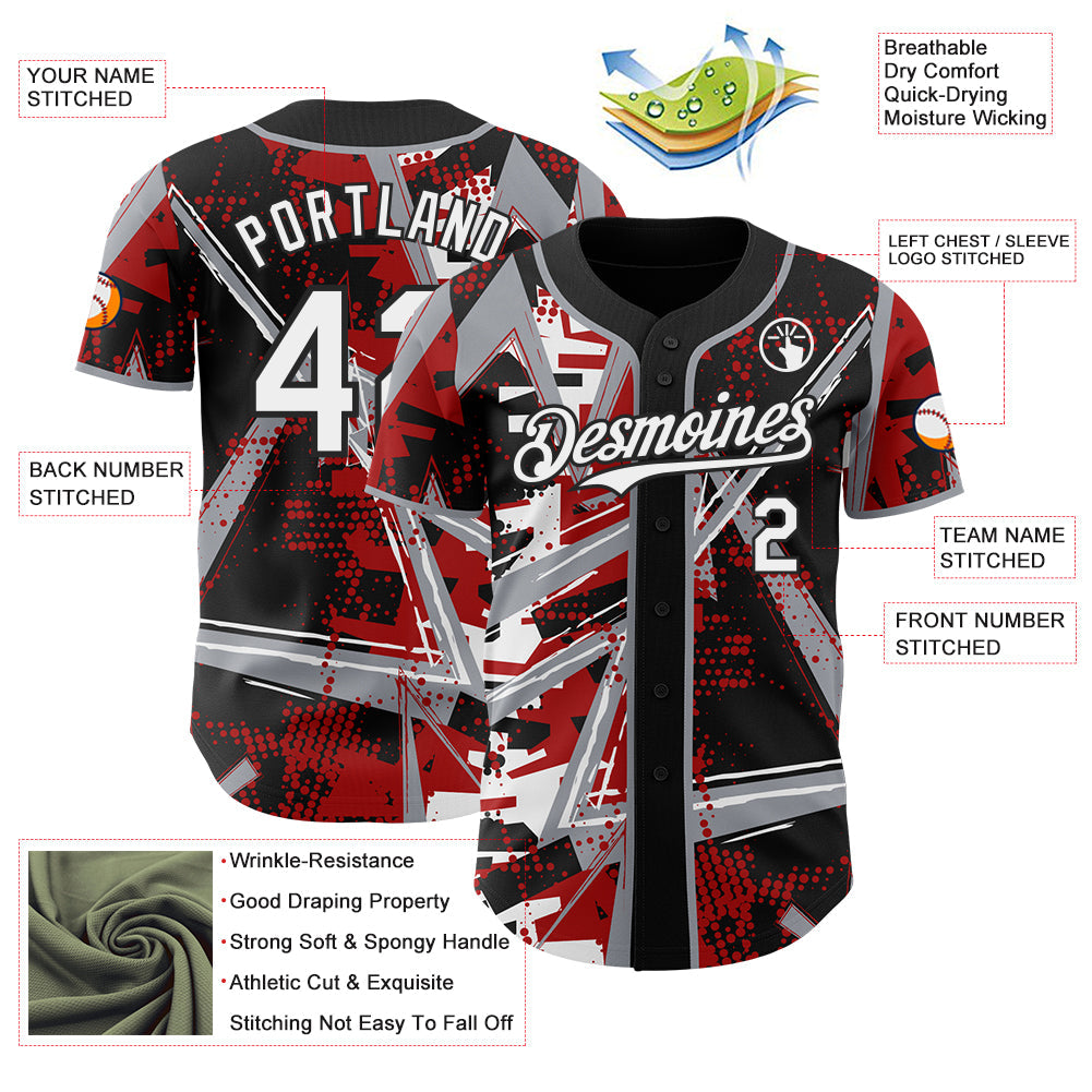Custom Black White Red-Gray Geometric Shards Dot Grid Authentic Baseball Jersey view 3
