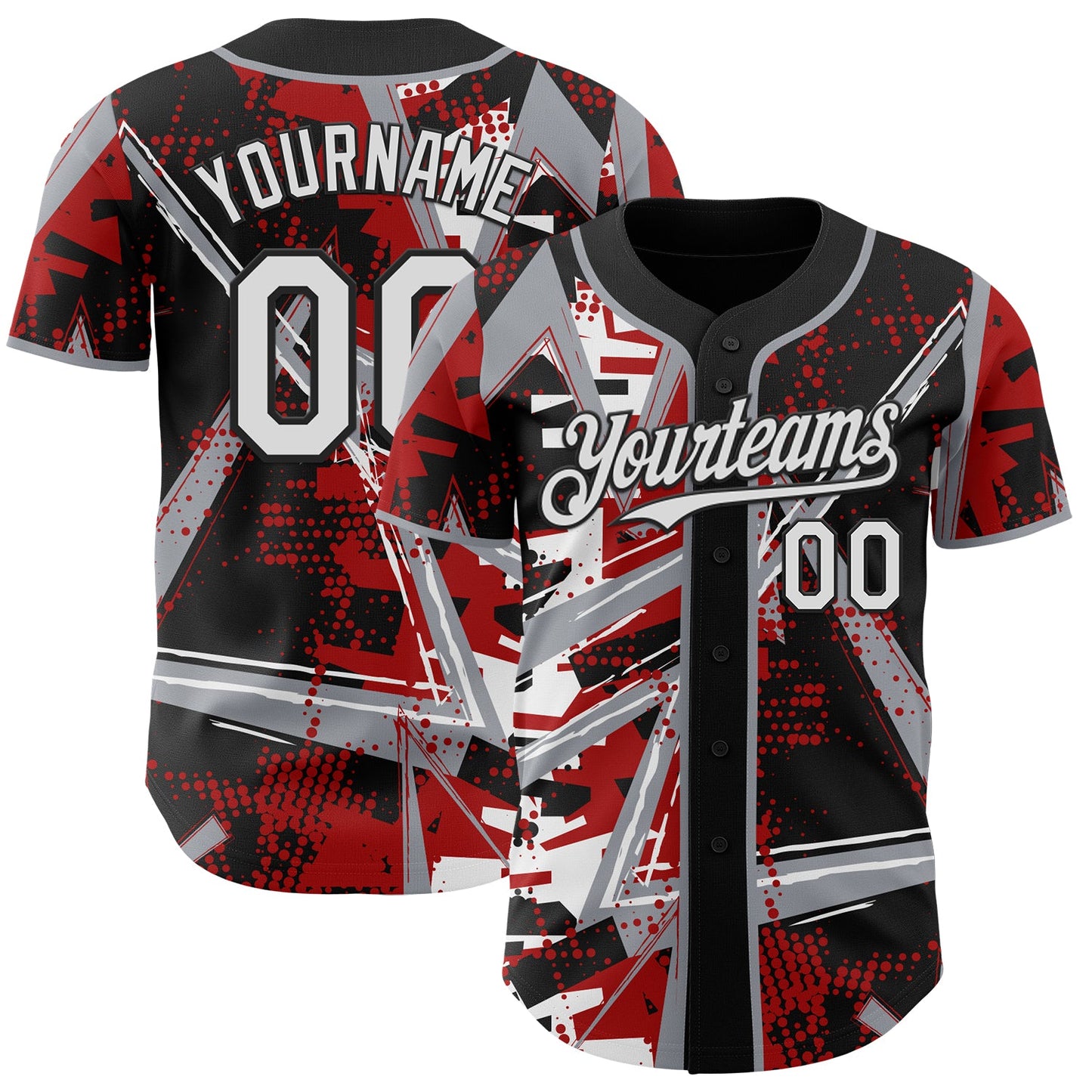 Custom Black White Red-Gray Geometric Shards Dot Grid Authentic Baseball Jersey - Main View