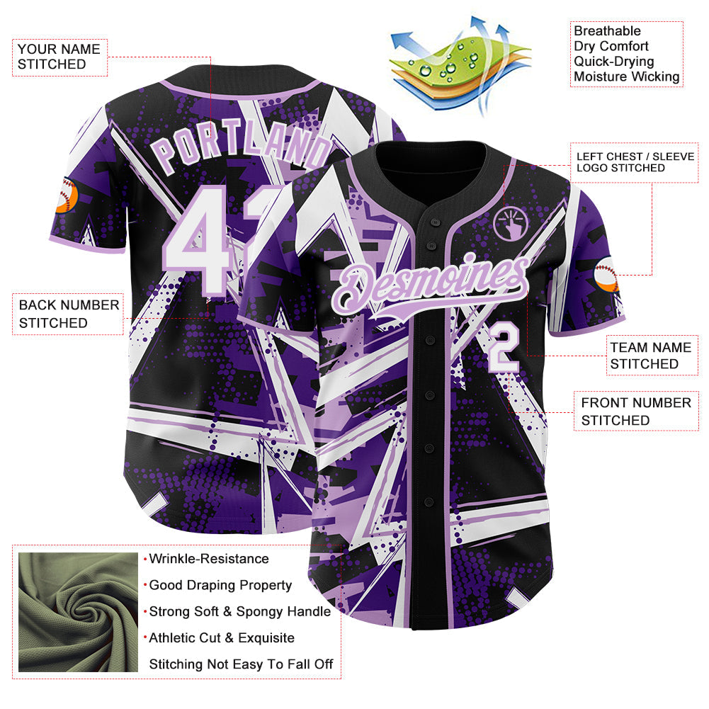 Custom Black White-Light Purple Geometric Shards Dot Grid Authentic Baseball Jersey view 3