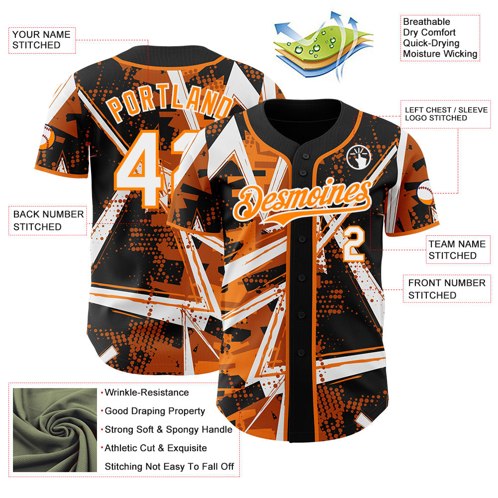Custom Black White-Bay Orange Geometric Shards Dot Grid Authentic Baseball Jersey view 3