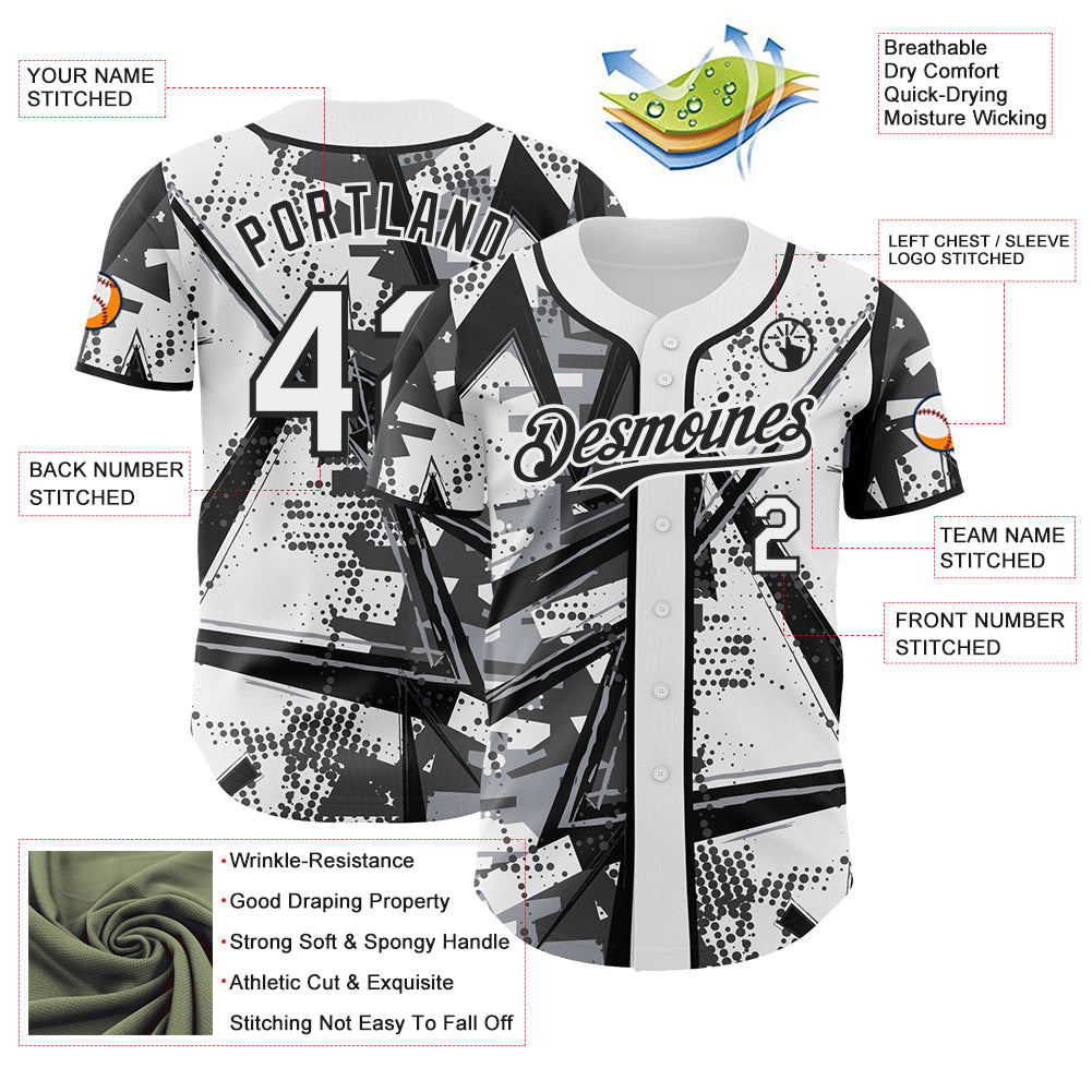 Custom White Gray-Black Geometric Shards Dot Grid Authentic Baseball Jersey view 3