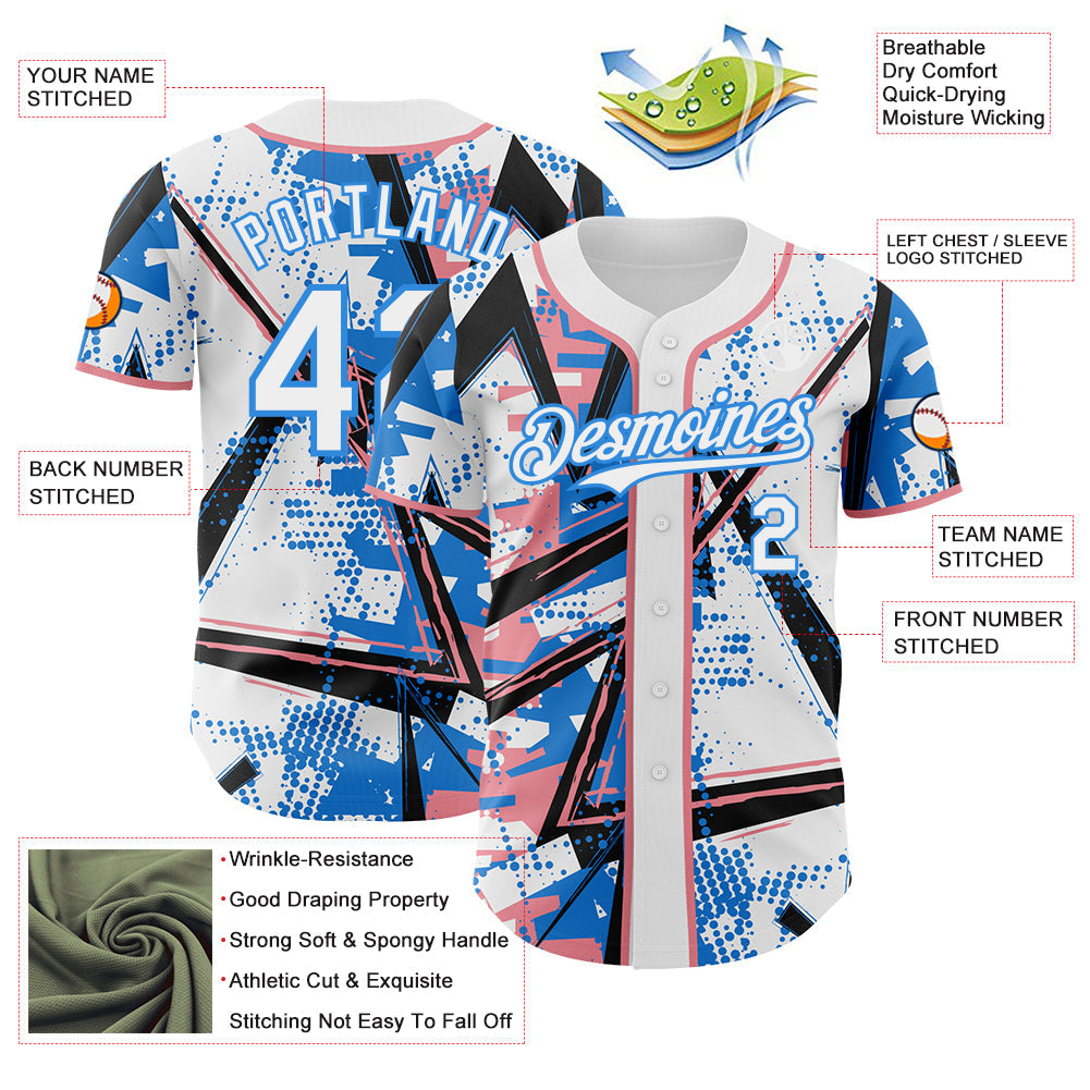 Custom White Medium Pink-Electric Blue Geometric Shards Dot Grid Authentic Baseball Jersey view 3