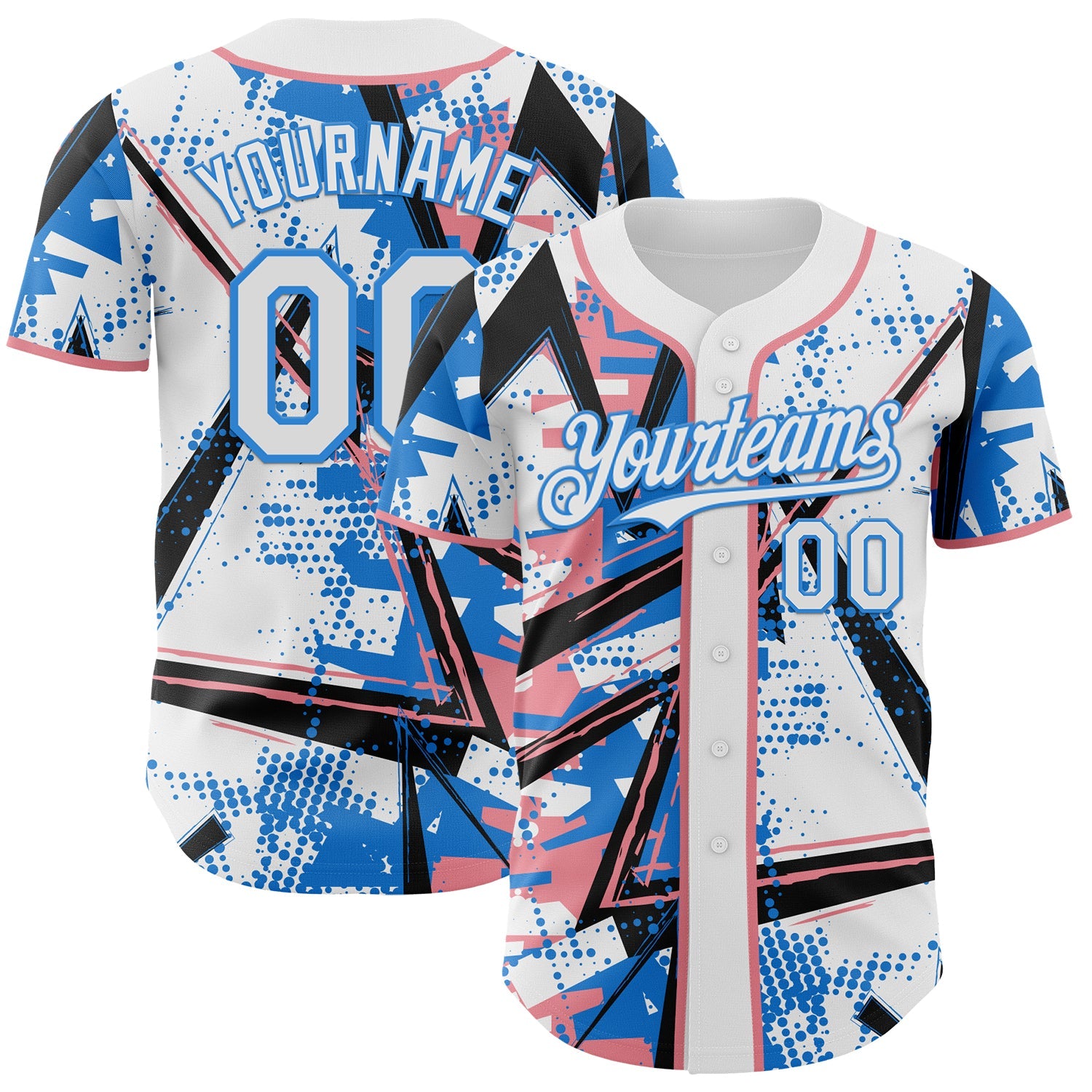 Custom White Medium Pink-Electric Blue Geometric Shards Dot Grid Authentic Baseball Jersey - Main View