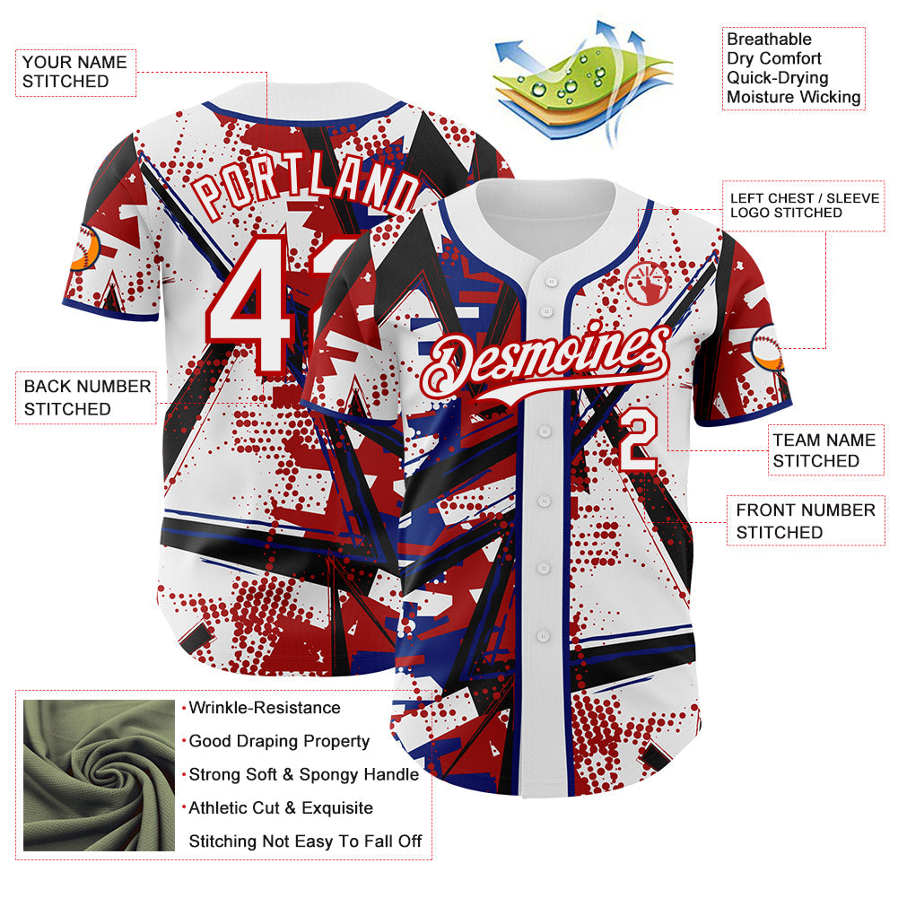 Custom White Black Red-Royal Geometric Shards Dot Grid Authentic Baseball Jersey view 3