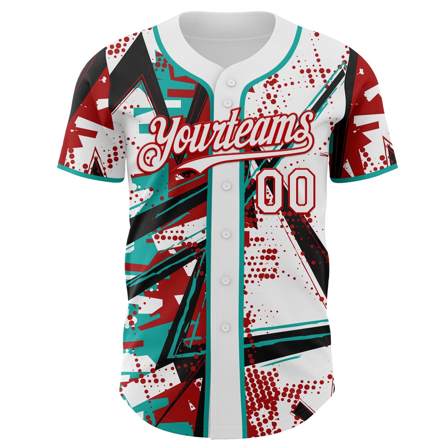 Custom White Black Red-Aqua Geometric Shards Dot Grid Authentic Baseball Jersey view 2