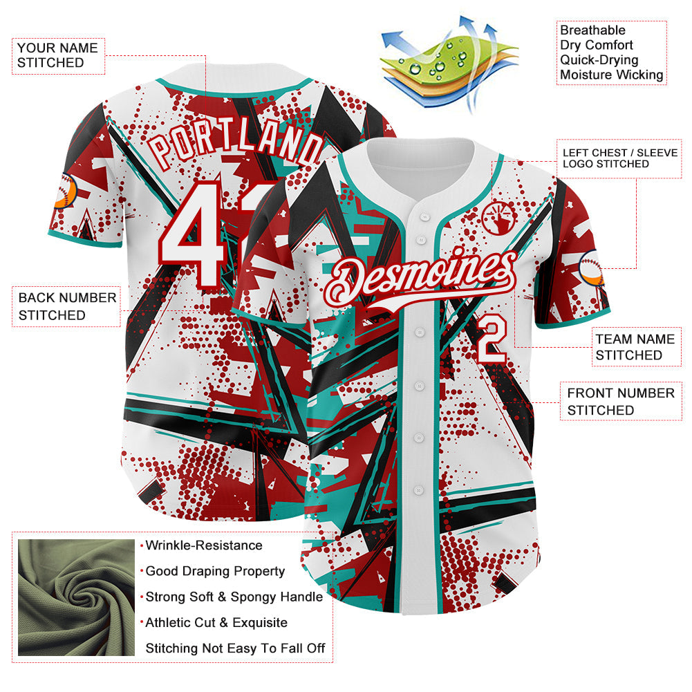 Custom White Black Red-Aqua Geometric Shards Dot Grid Authentic Baseball Jersey view 3