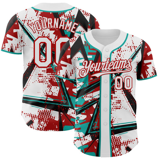 Custom White Black Red-Aqua Geometric Shards Dot Grid Authentic Baseball Jersey - Main View