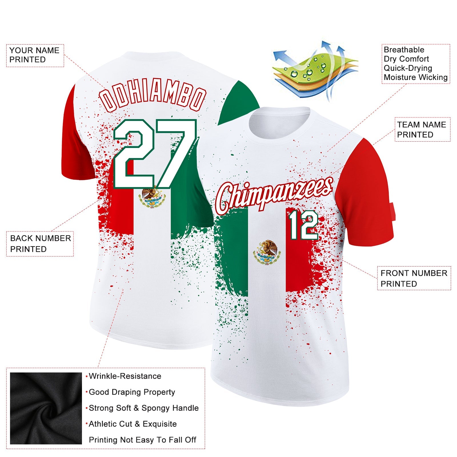 Custom White Kelly Green-Red 3D Mexican Flag Performance T-Shirt view 2