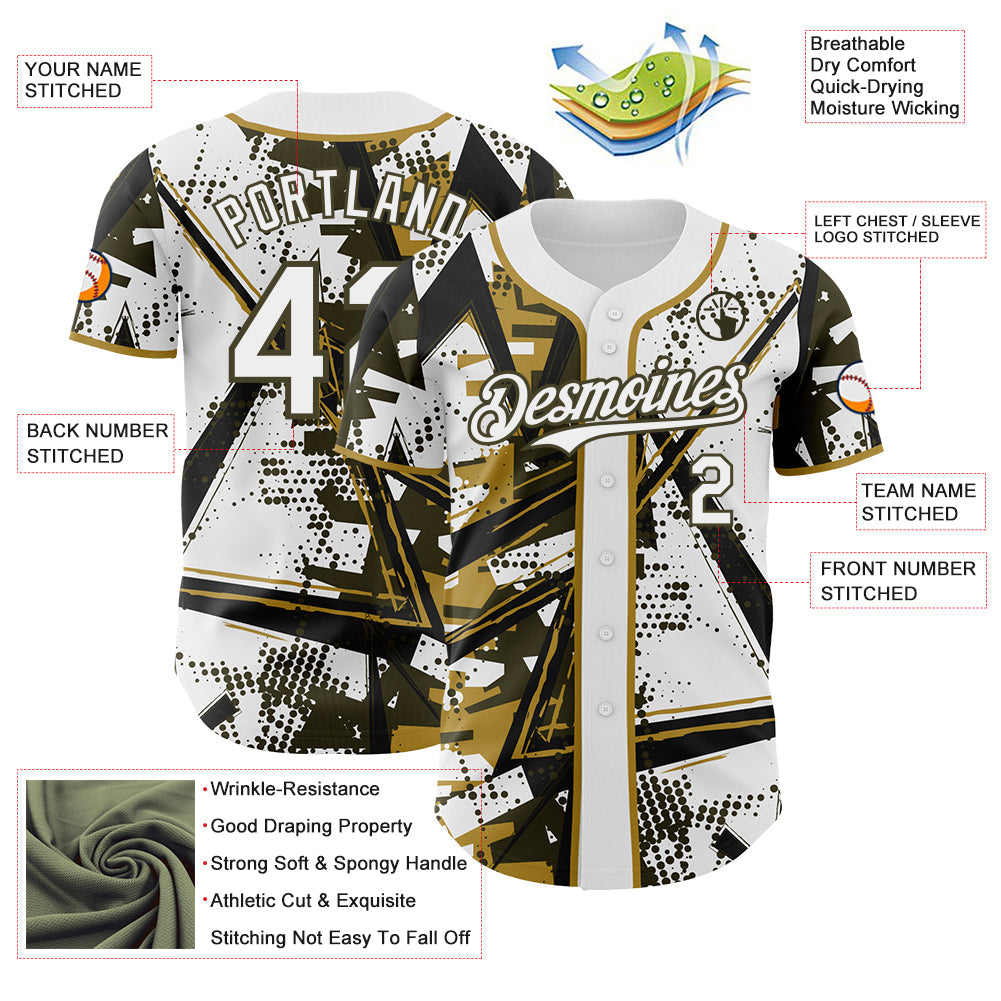 Custom White Black Olive-Old Gold Geometric Shards Dot Grid Authentic Baseball Jersey view 3