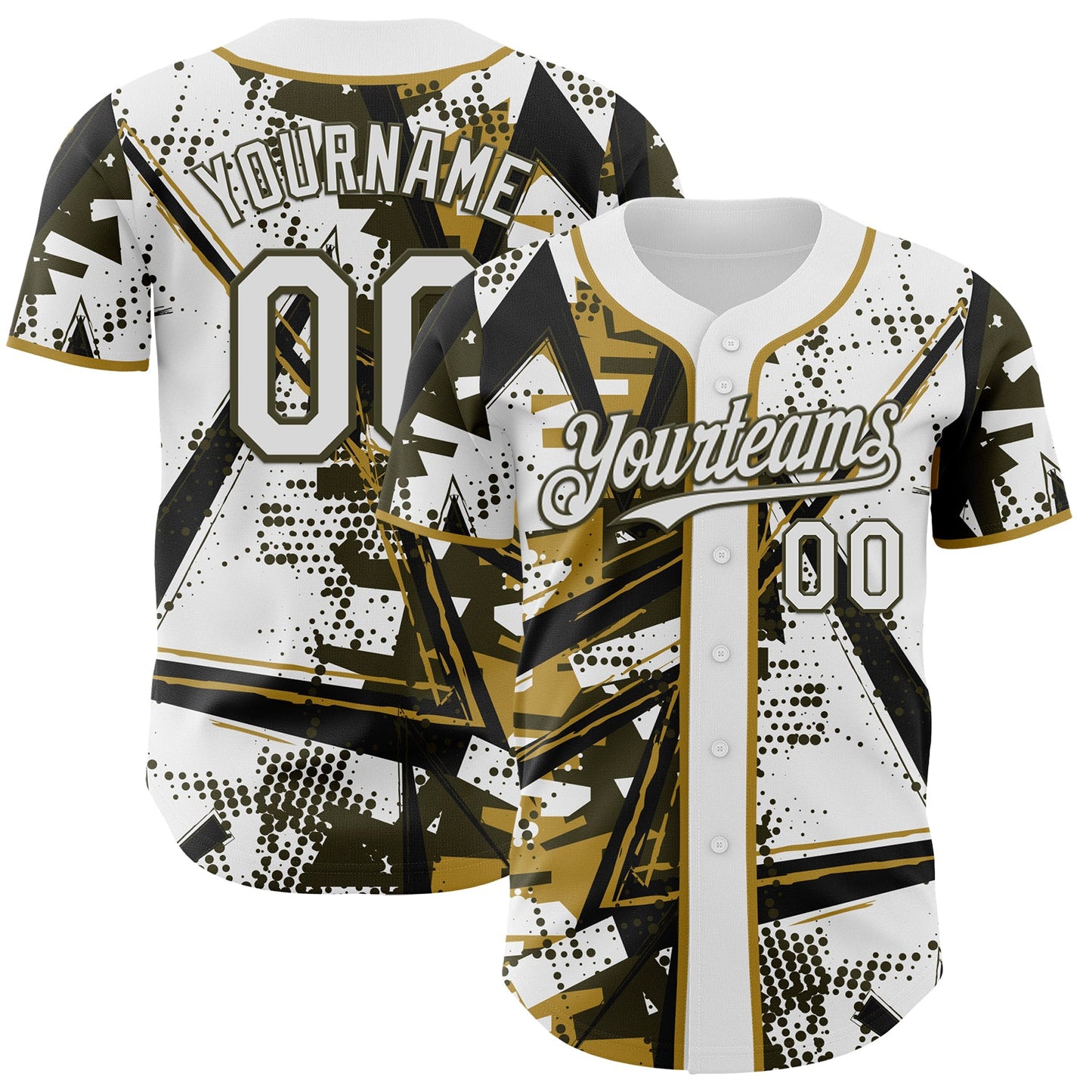 Custom White Black Olive-Old Gold Geometric Shards Dot Grid Authentic Baseball Jersey - Main View