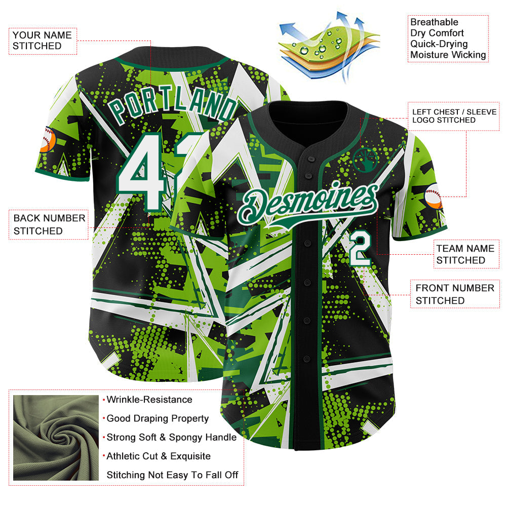 Custom Black White Neon Green-Kelly Green Geometric Shards Dot Grid Authentic Baseball Jersey view 3