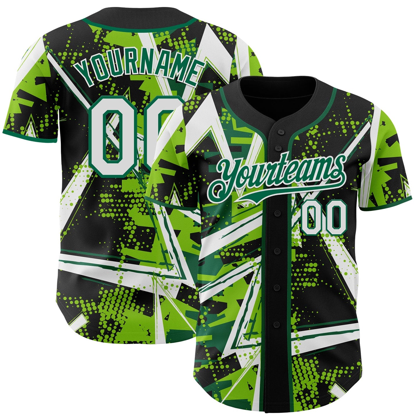 Custom Black White Neon Green-Kelly Green Geometric Shards Dot Grid Authentic Baseball Jersey - Main View