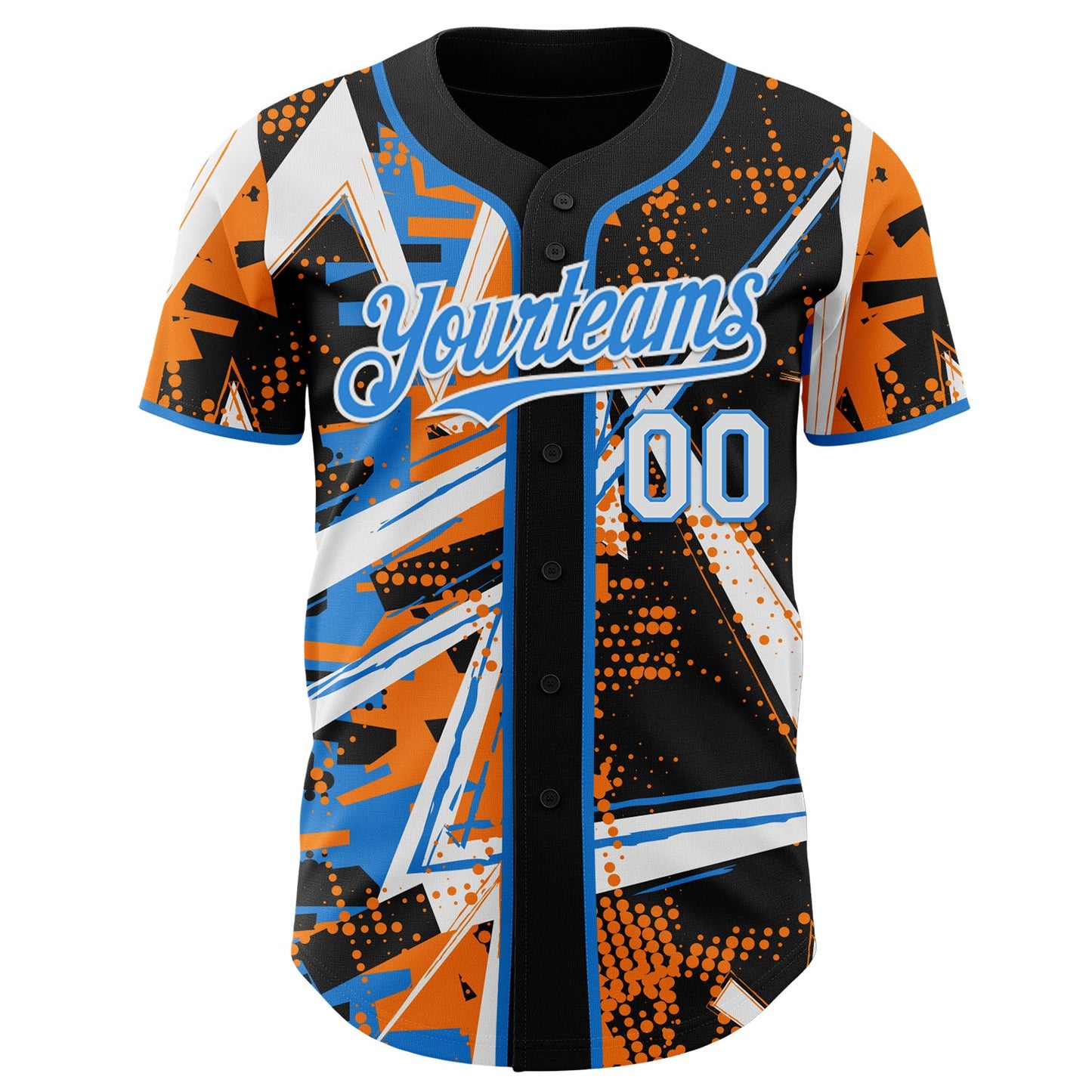 Custom Black White Bay Orange-Electric Blue Geometric Shards Dot Grid Authentic Baseball Jersey view 2