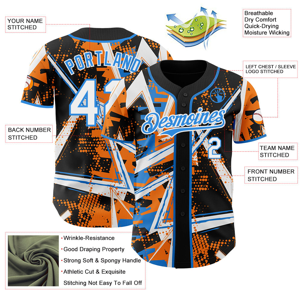 Custom Black White Bay Orange-Electric Blue Geometric Shards Dot Grid Authentic Baseball Jersey view 3