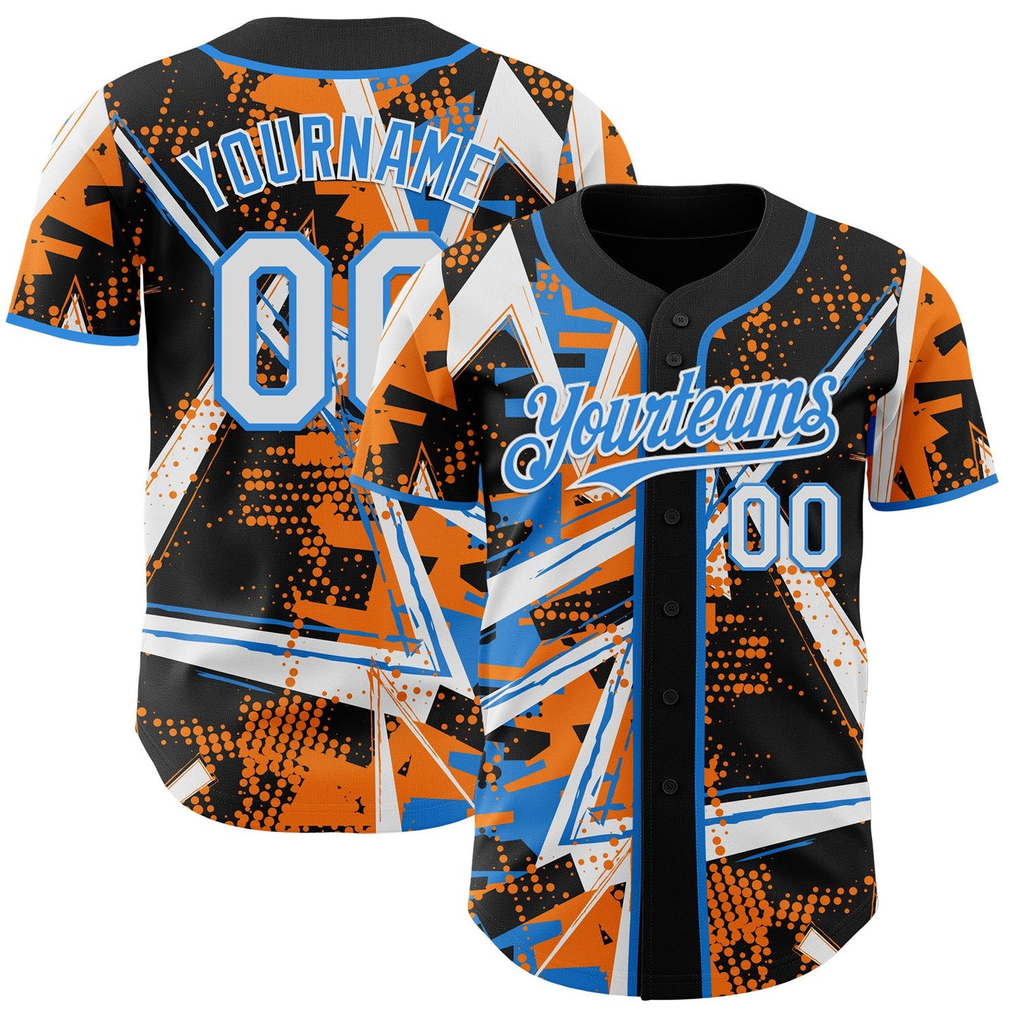 Custom Black White Bay Orange-Electric Blue Geometric Shards Dot Grid Authentic Baseball Jersey - Main View
