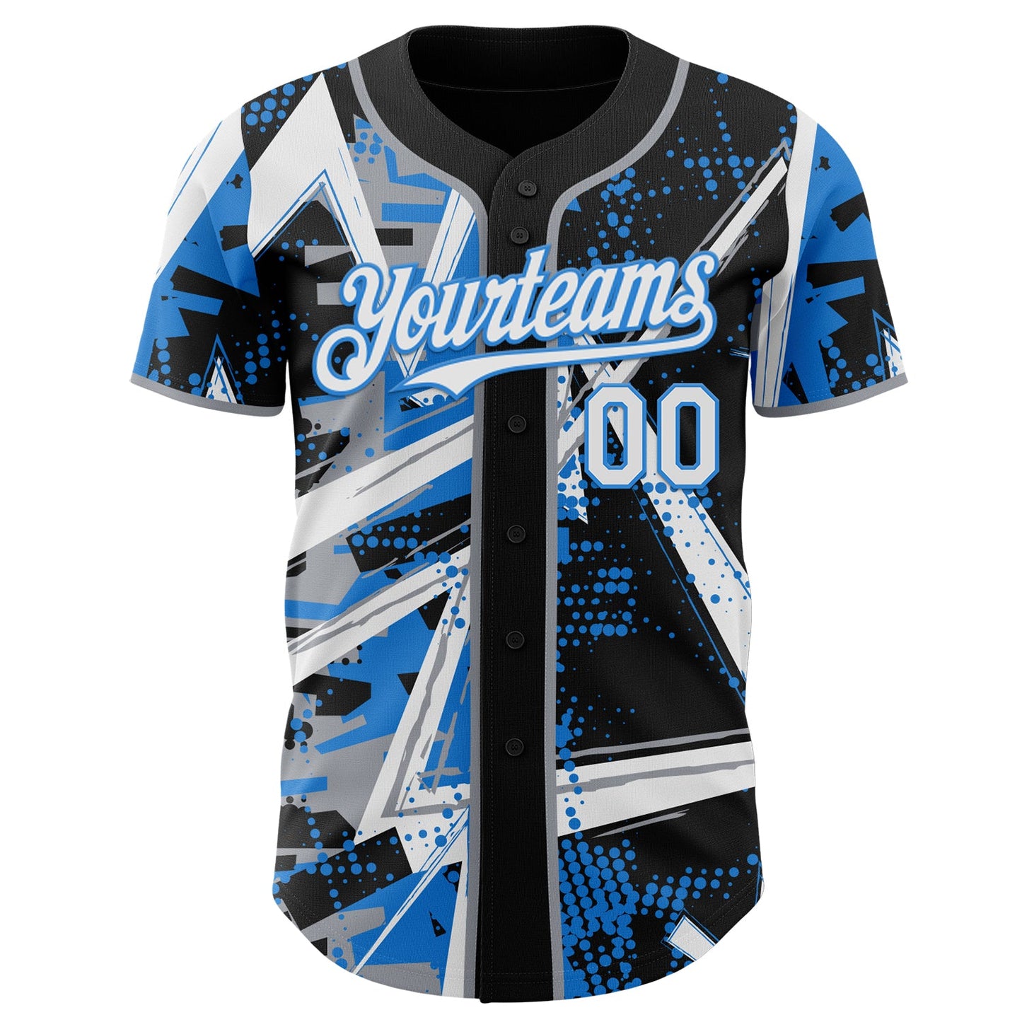 Custom Black White Gray-Electric Blue Geometric Shards Dot Grid Authentic Baseball Jersey view 2