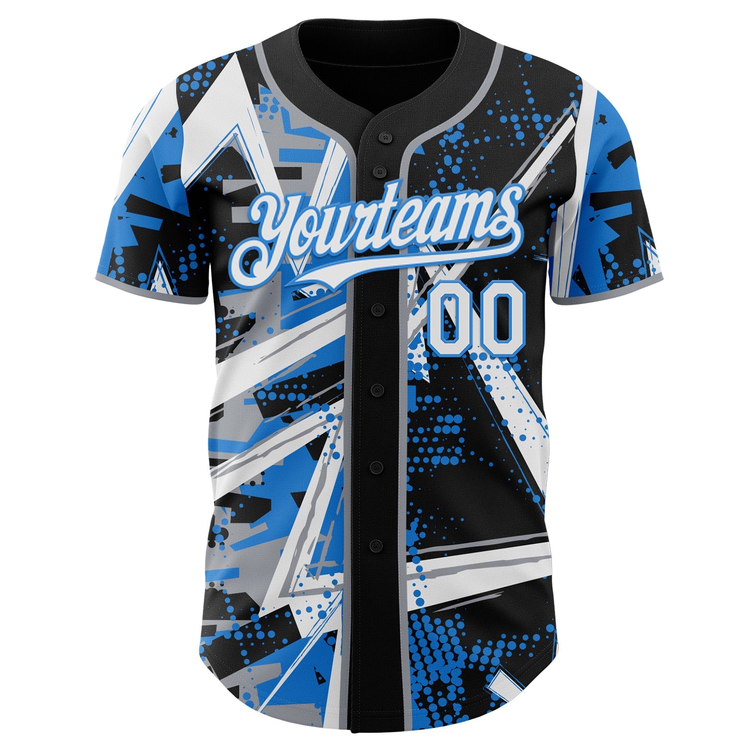 Custom Black White Gray-Electric Blue Geometric Shards Dot Grid Authentic Baseball Jersey view 2