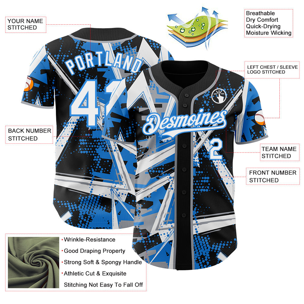 Custom Black White Gray-Electric Blue Geometric Shards Dot Grid Authentic Baseball Jersey view 3