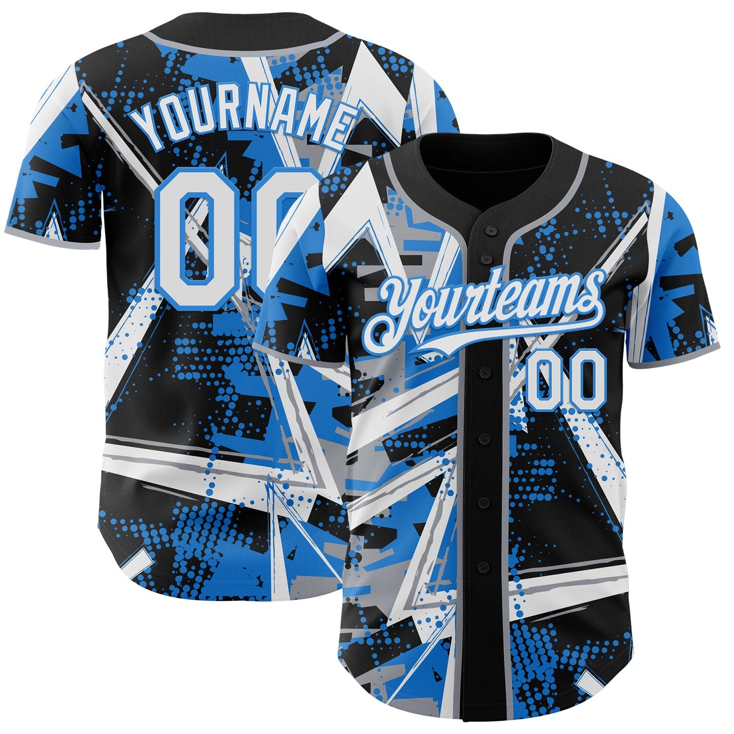 Custom Black White Gray-Electric Blue Geometric Shards Dot Grid Authentic Baseball Jersey - Main View