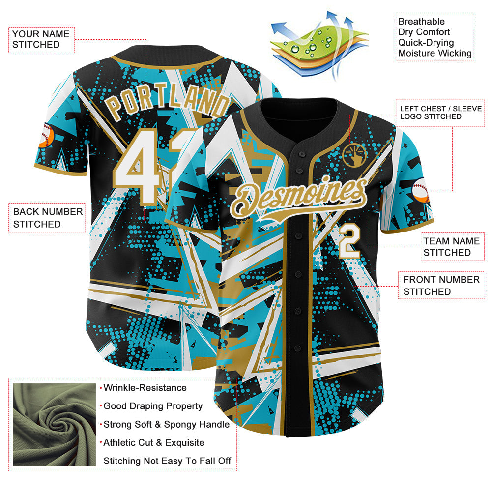 Custom Black White Lakes Blue-Old Gold Geometric Shards Dot Grid Authentic Baseball Jersey view 3