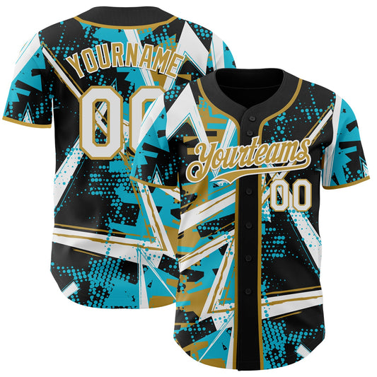 Custom Black White Lakes Blue-Old Gold Geometric Shards Dot Grid Authentic Baseball Jersey - Main View
