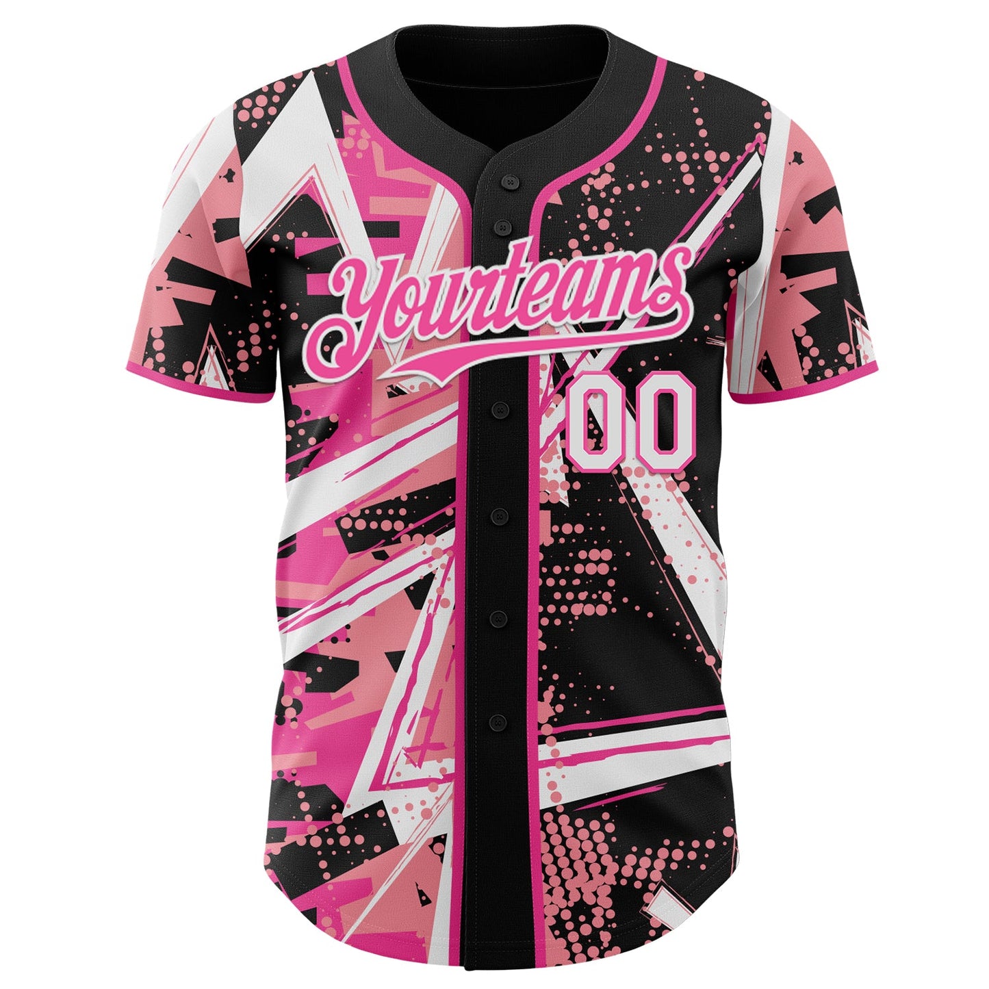 Custom Black White Medium Pink-Pink Geometric Shards Dot Grid Authentic Baseball Jersey view 2