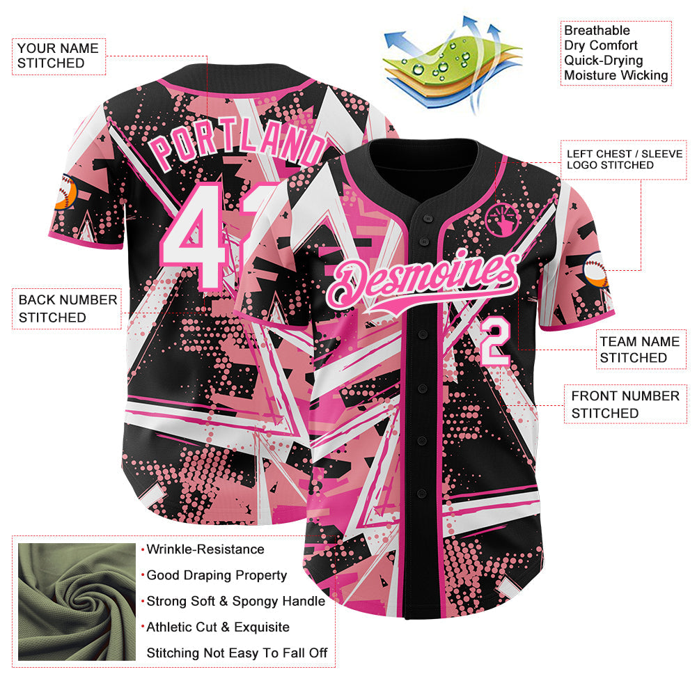 Custom Black White Medium Pink-Pink Geometric Shards Dot Grid Authentic Baseball Jersey view 3