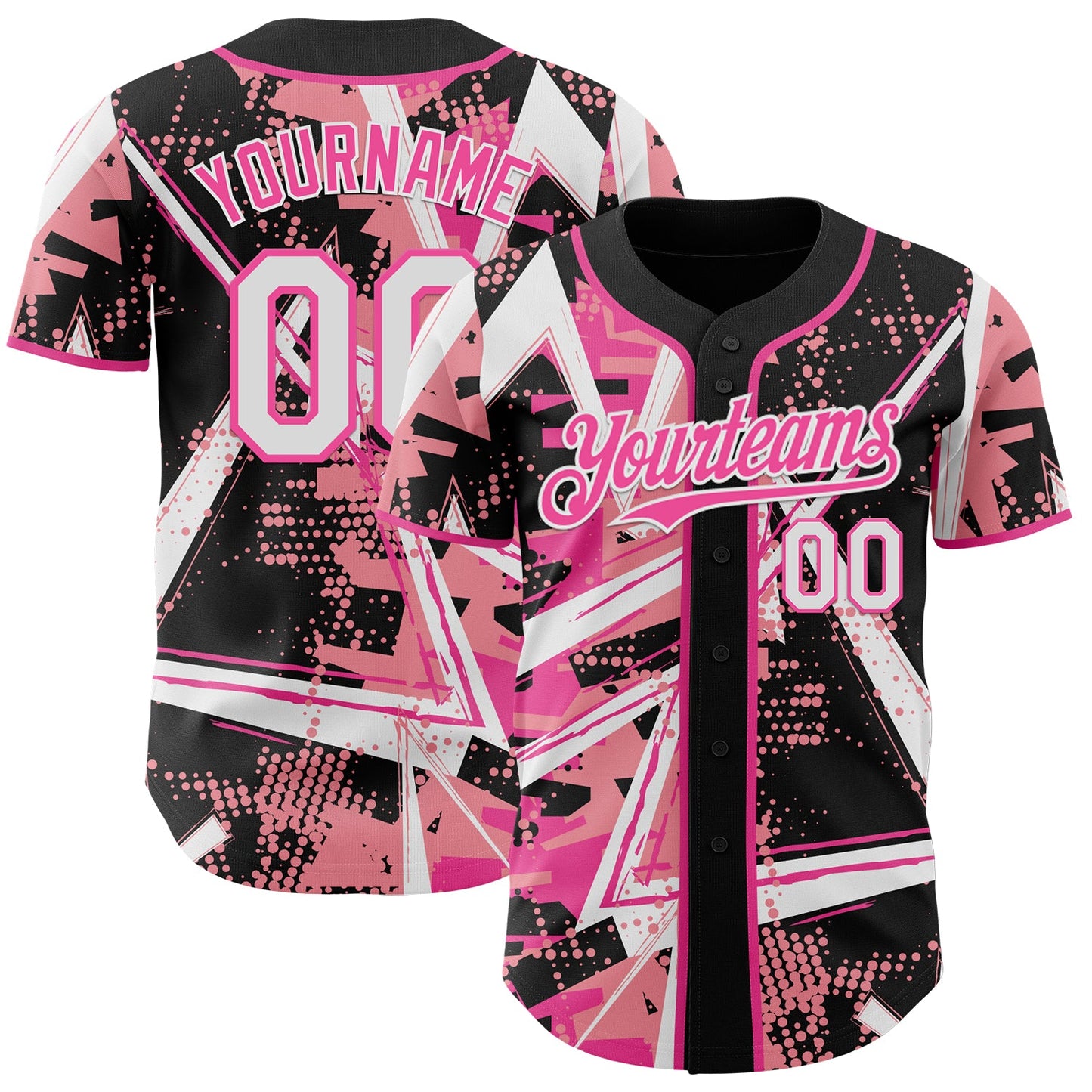 Custom Black White Medium Pink-Pink Geometric Shards Dot Grid Authentic Baseball Jersey - Main View