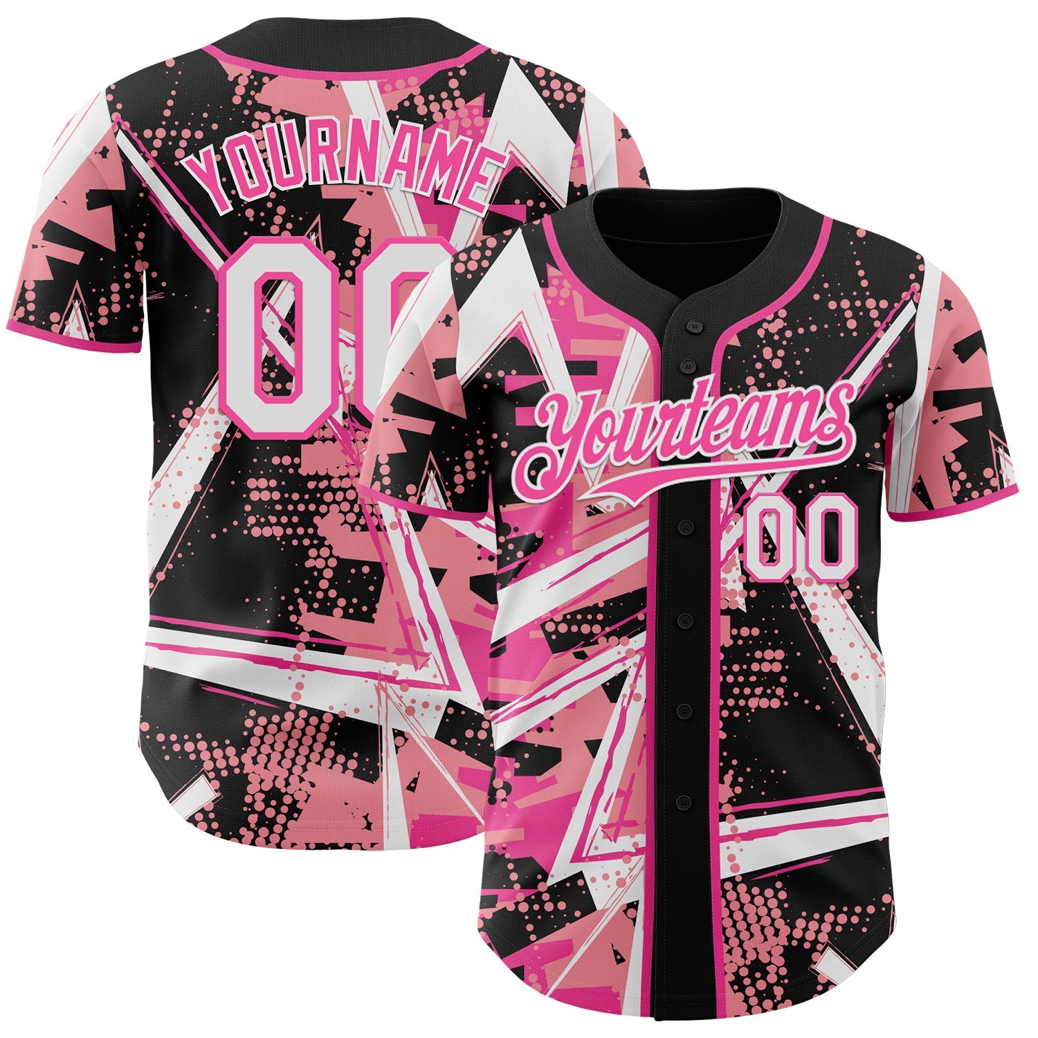 Custom Black White Medium Pink-Pink Geometric Shards Dot Grid Authentic Baseball Jersey - Main View