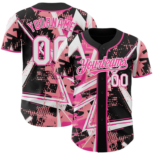 Custom Black White Medium Pink-Pink Geometric Shards Dot Grid Authentic Baseball Jersey - Main View
