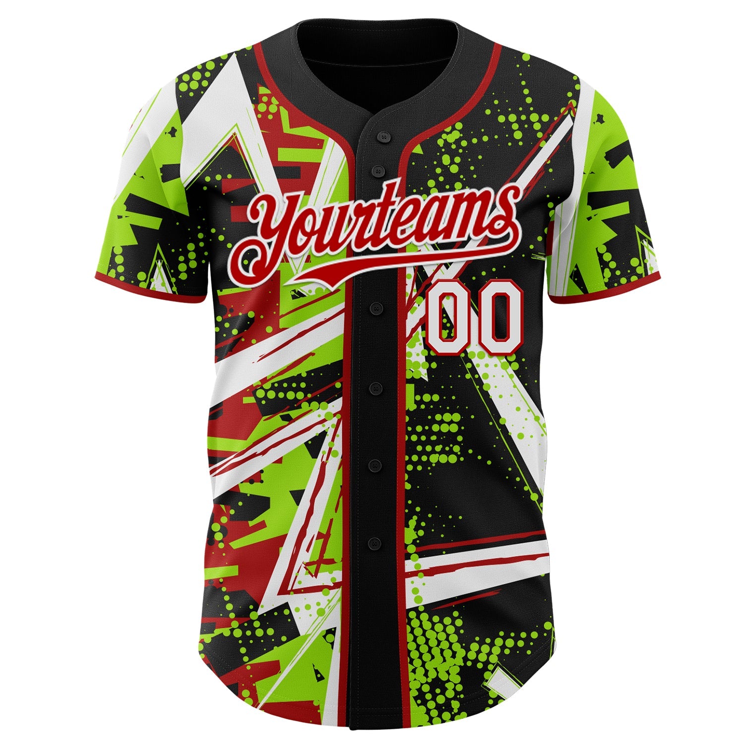 Custom Black White Neon Green-Red Geometric Shards Dot Grid Authentic Baseball Jersey view 2