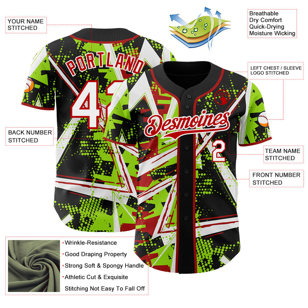 Custom Black White Neon Green-Red Geometric Shards Dot Grid Authentic Baseball Jersey view 3