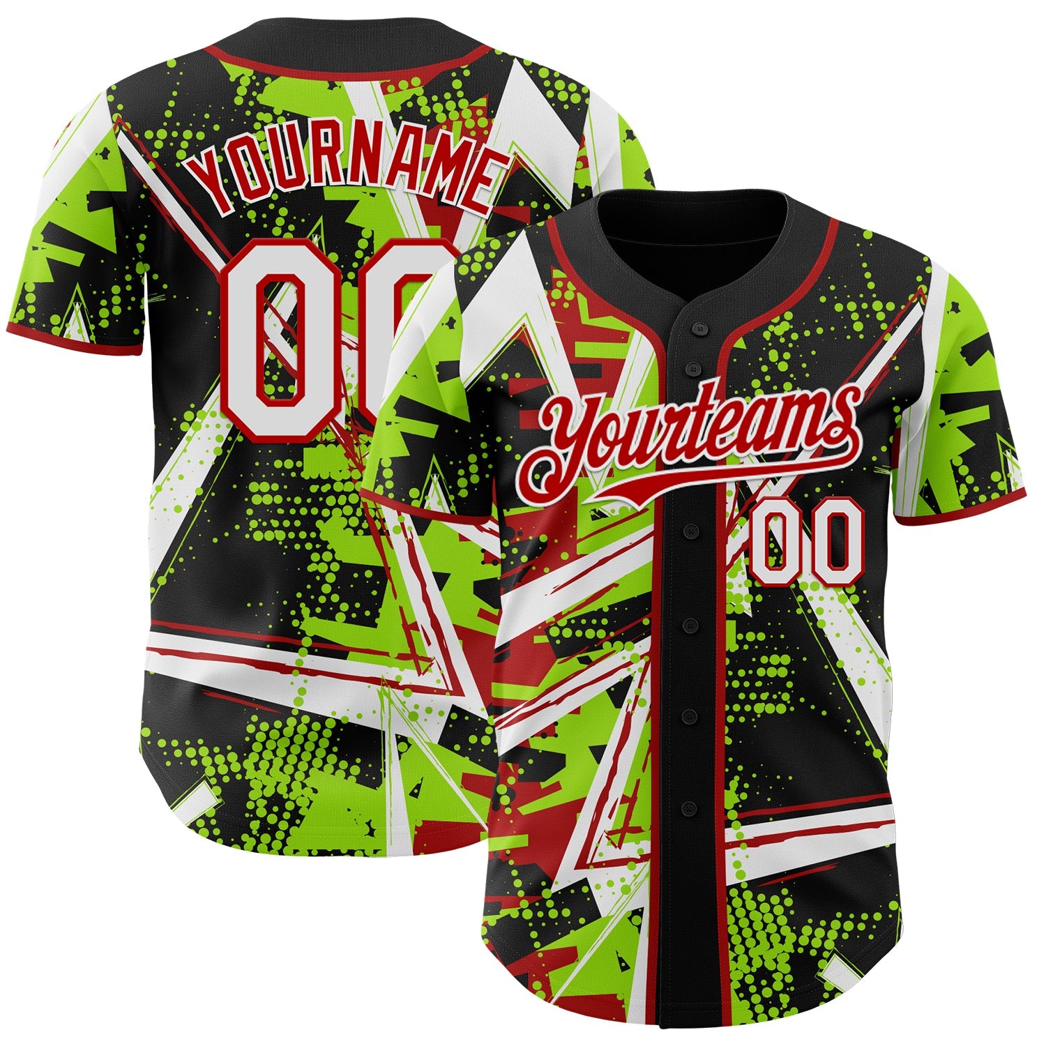 Custom Black White Neon Green-Red Geometric Shards Dot Grid Authentic Baseball Jersey - Main View