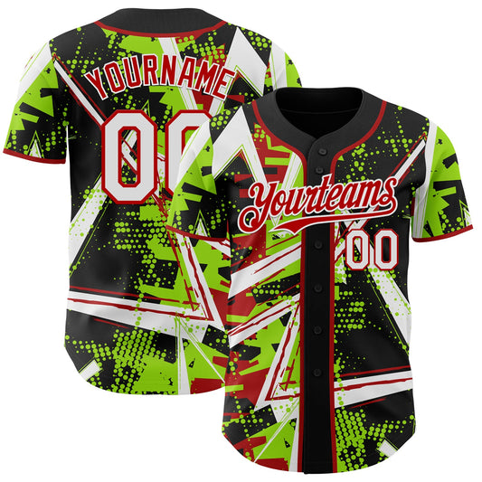 Custom Black White Neon Green-Red Geometric Shards Dot Grid Authentic Baseball Jersey - Main View