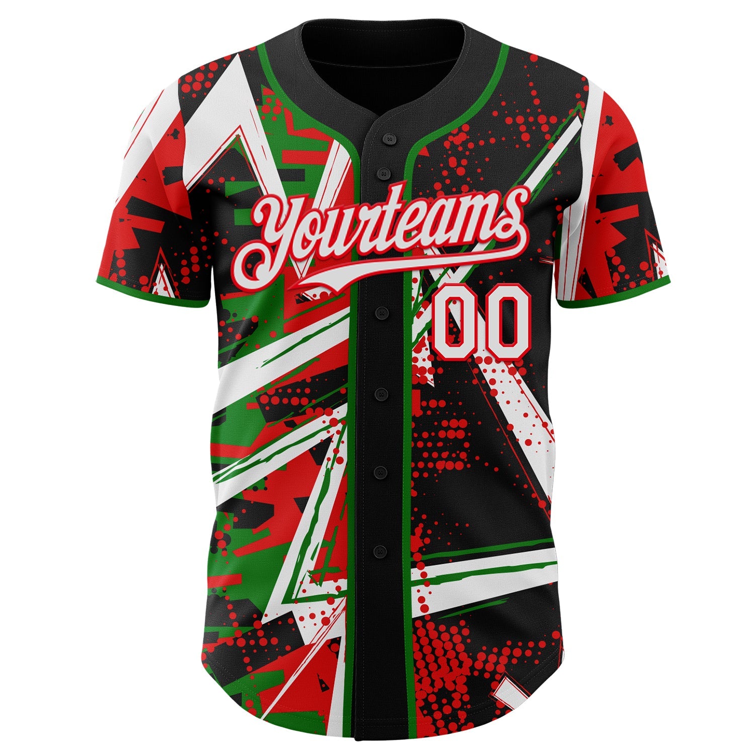 Custom Black White Grass Green-Fire Red Geometric Shards Dot Grid Authentic Baseball Jersey view 2