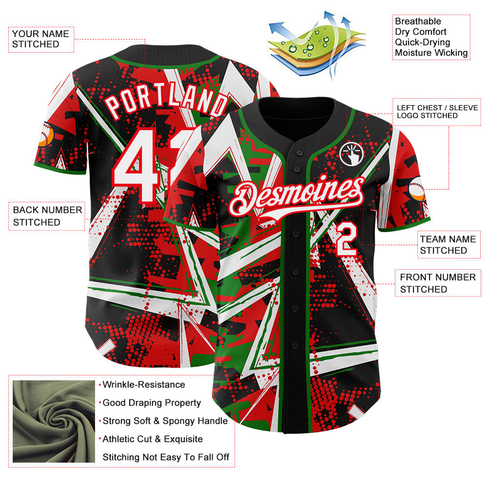 Custom Black White Grass Green-Fire Red Geometric Shards Dot Grid Authentic Baseball Jersey view 3