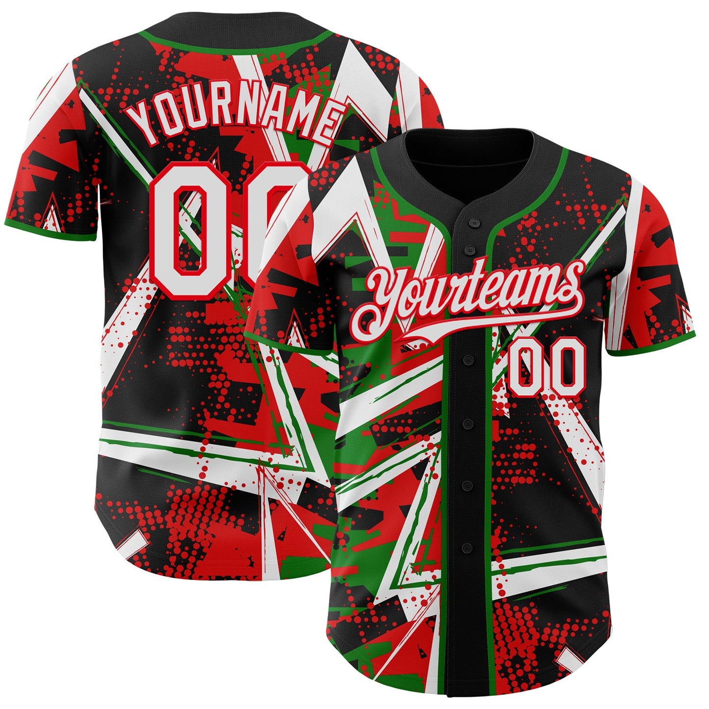 Custom Black White Grass Green-Fire Red Geometric Shards Dot Grid Authentic Baseball Jersey - Main View