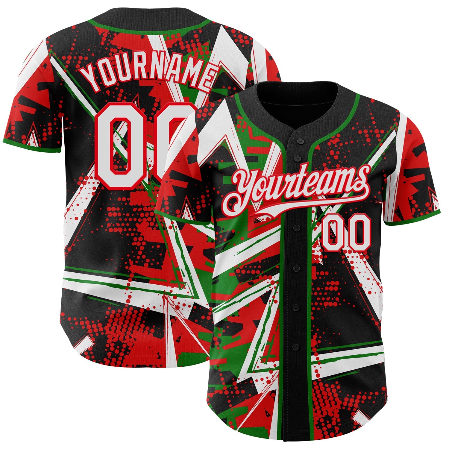 Custom Black White Grass Green-Fire Red Geometric Shards Dot Grid Authentic Baseball Jersey - Main View