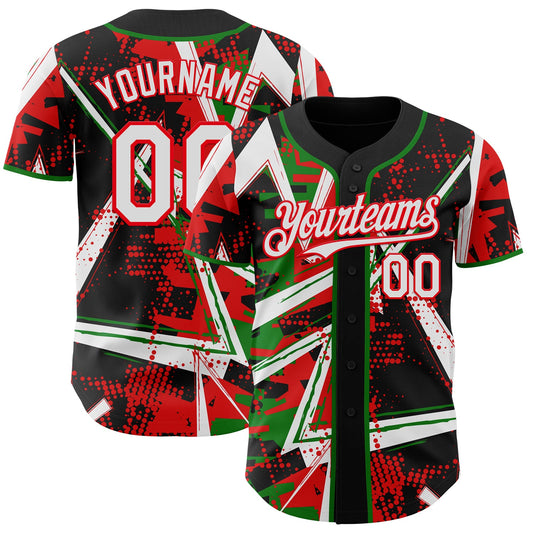 Custom Black White Grass Green-Fire Red Geometric Shards Dot Grid Authentic Baseball Jersey - Main View