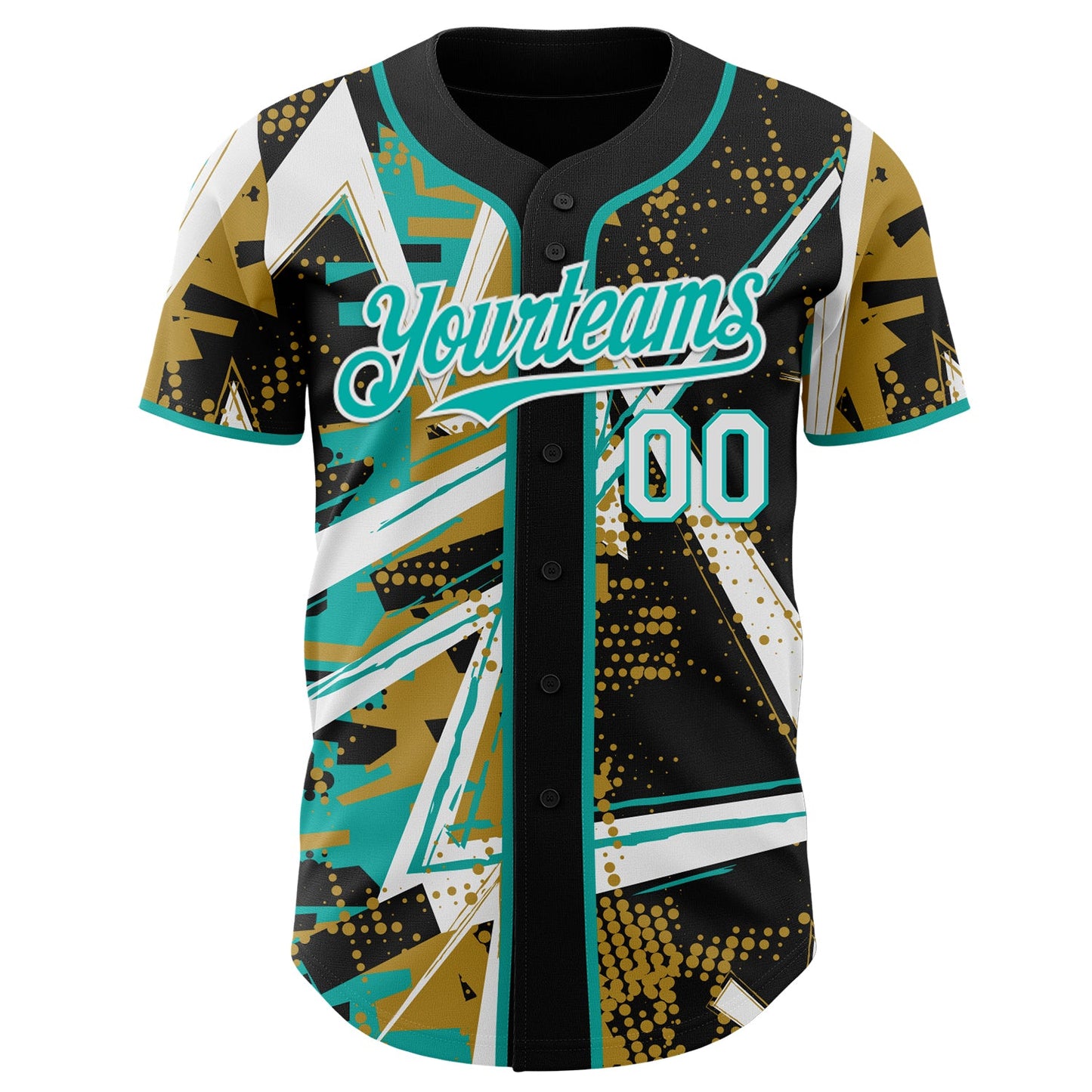 Custom Black White Old Gold-Aqua Geometric Shards Dot Grid Authentic Baseball Jersey view 2