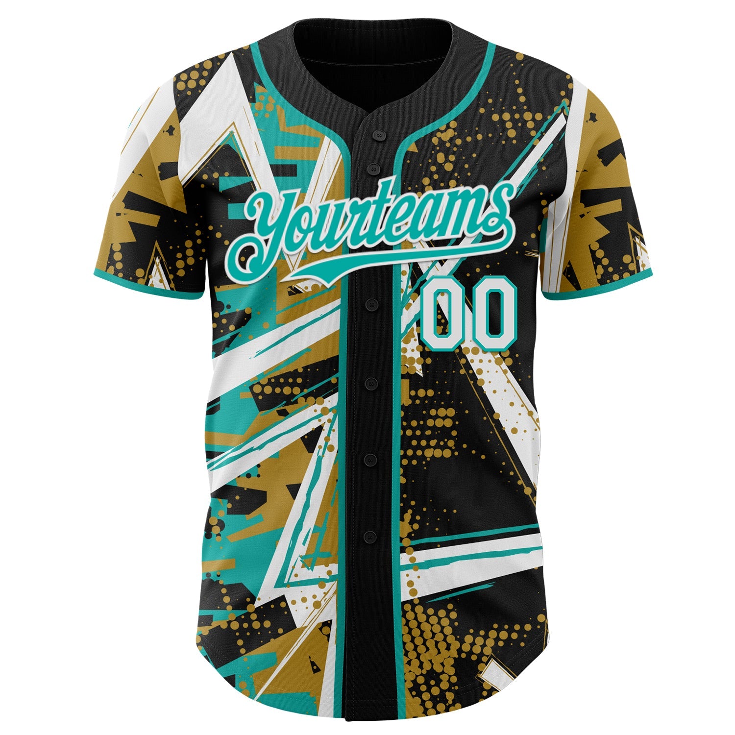 Custom Black White Old Gold-Aqua Geometric Shards Dot Grid Authentic Baseball Jersey view 2