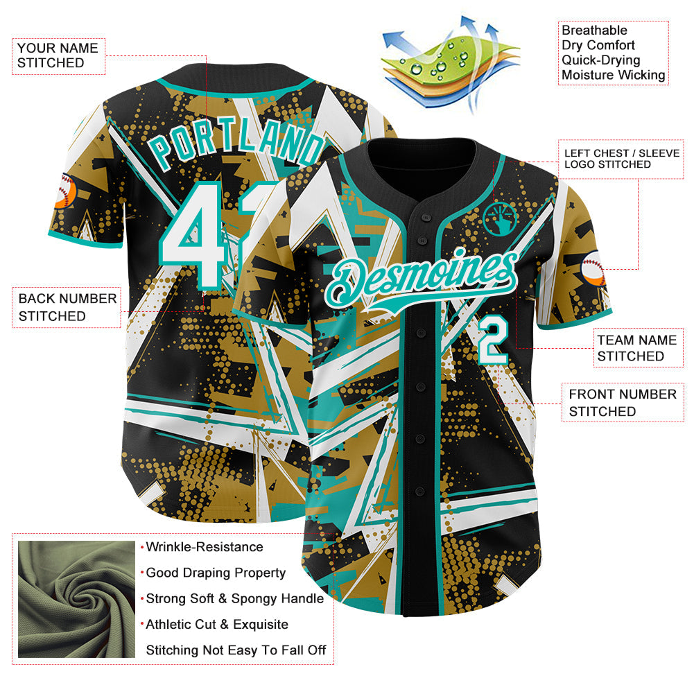 Custom Black White Old Gold-Aqua Geometric Shards Dot Grid Authentic Baseball Jersey view 3