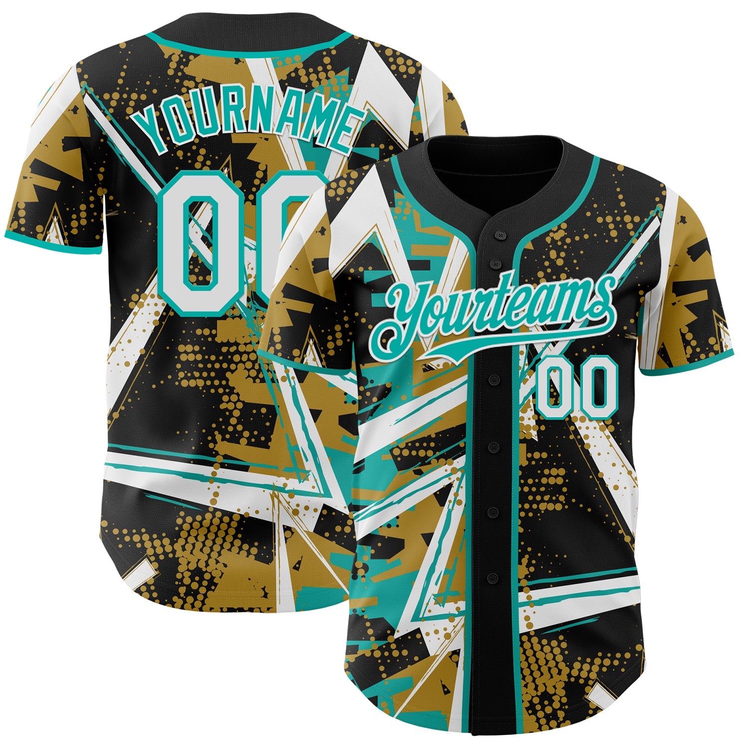 Custom Black White Old Gold-Aqua Geometric Shards Dot Grid Authentic Baseball Jersey - Main View
